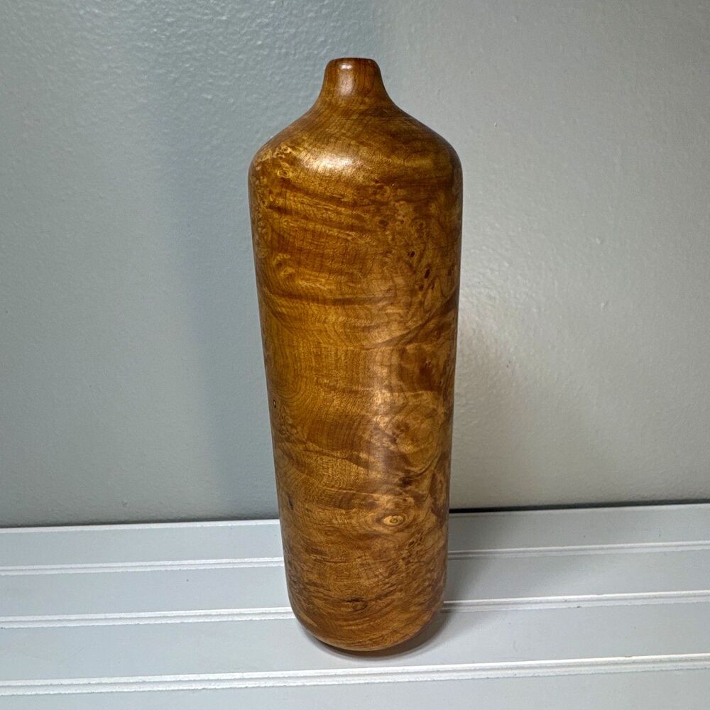 Vintage Hand Turned Maple Wood Weed Pot Bud Vase 10.25” Figured Burl Signed GRF